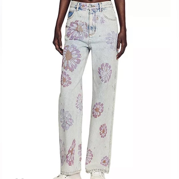 Sandro Denim - Sandro Paris Floral Straight Leg Jeans - White and Purple